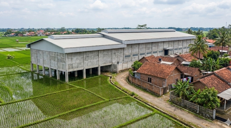 ilustrasi Pabrik Rokom berdiri di atas sawah dilindungi